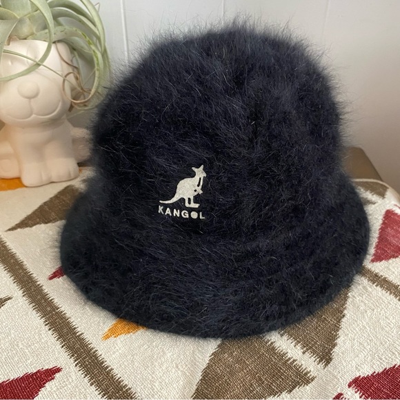 Kangol Accessories - VINTAGE 90s Kangol Angora Blend Bucket Hat Retro Black DY-BELL-2 Logo Furgora